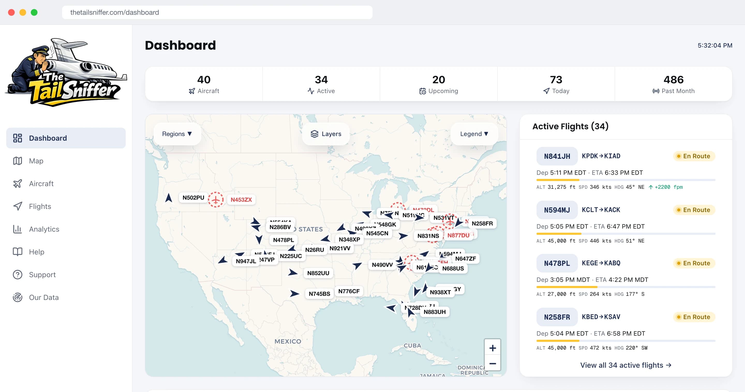 The Tail Sniffer on the web: the dashboard with the fleet map and the flights in the air