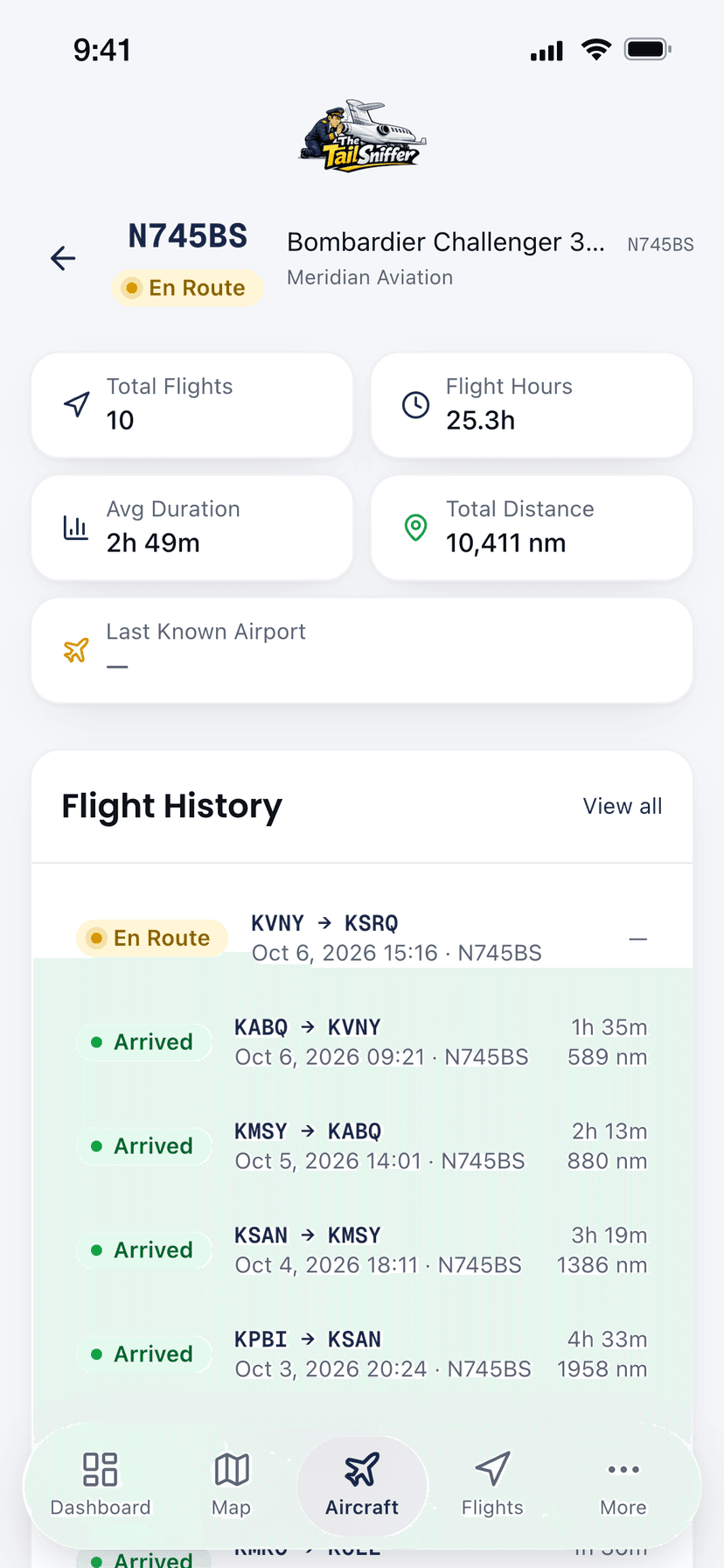 Aircraft — your tracked fleet with live status and LADD indicators