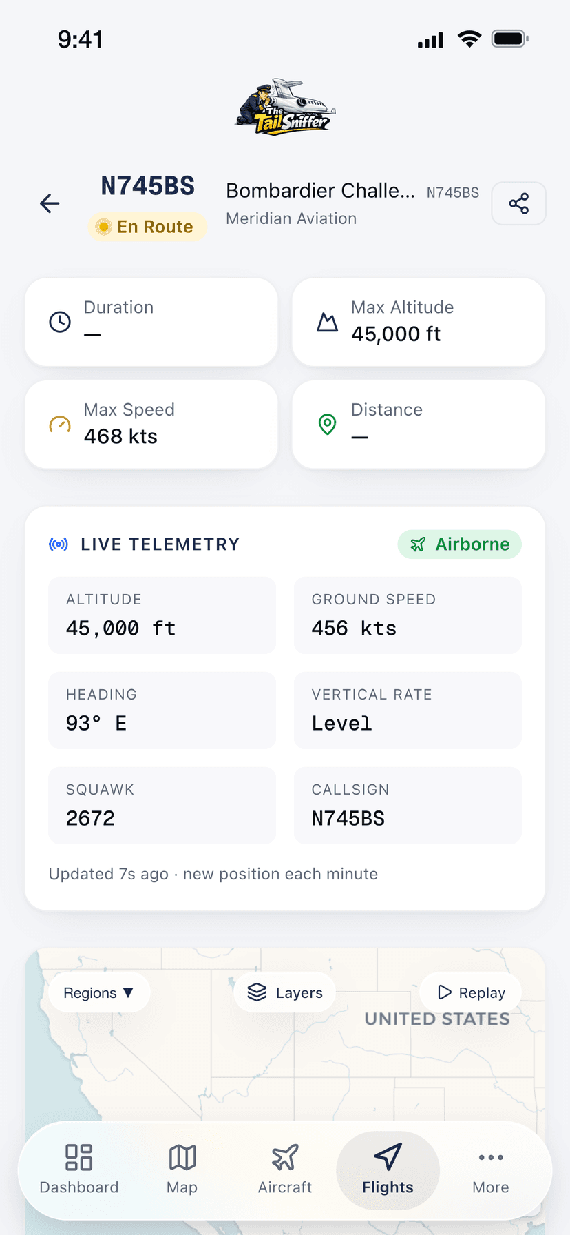 Flight detail — route map, altitude profile and flight stats