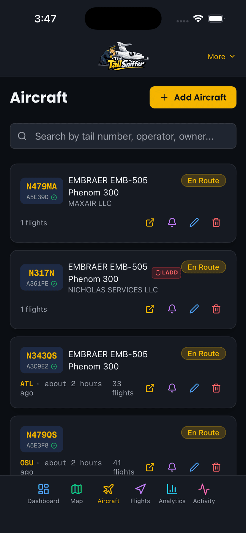 Aircraft — manage your tracked fleet with LADD indicators
